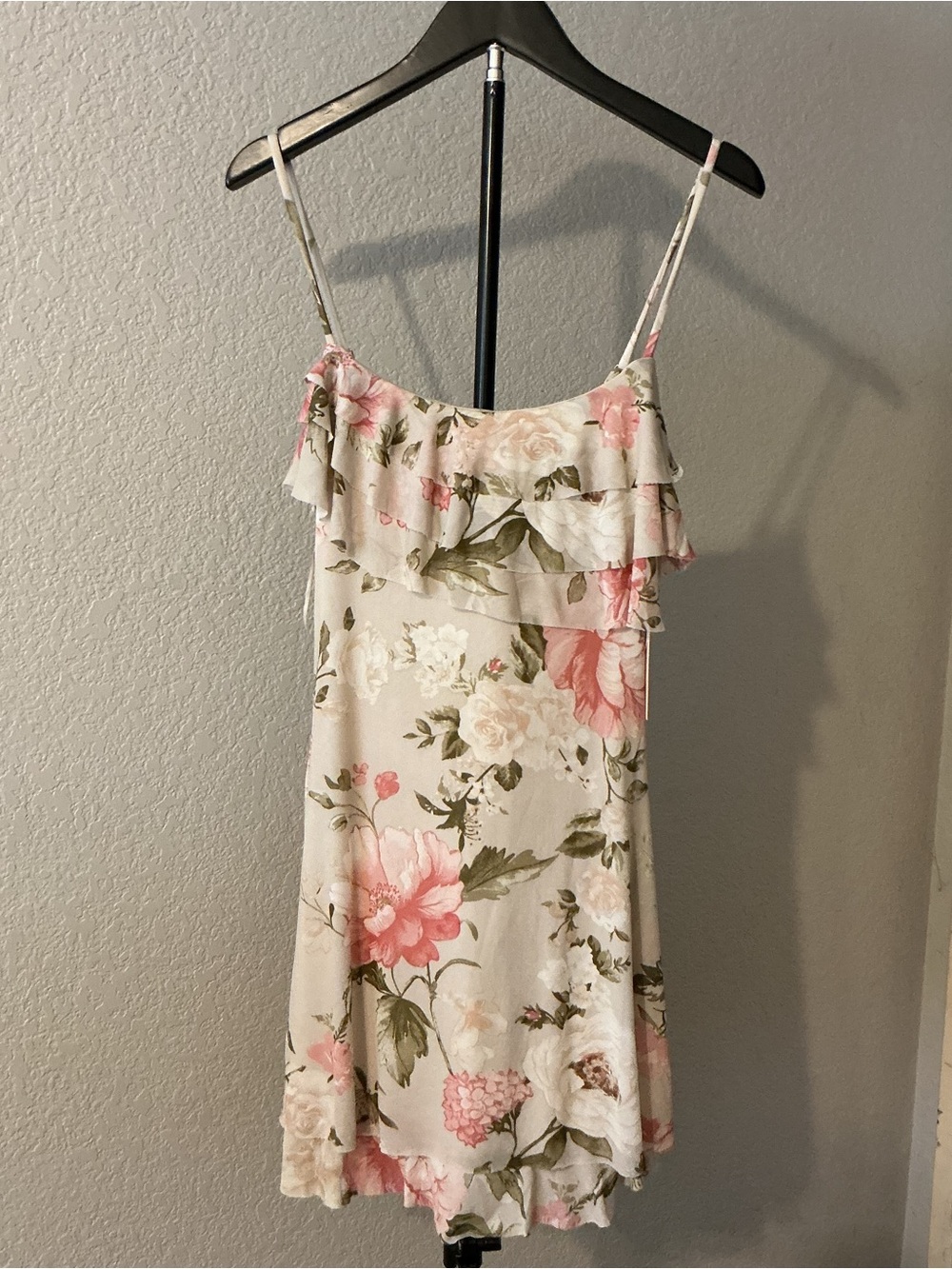 Floral Ruffle Spaghetti Strap Dress - Cream & Pink